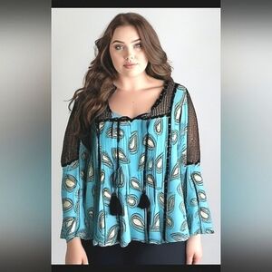 STYLE & COβ SIZE M BLACK BLUE TOP PAISLEY TASSELS BLOUSE FALL EUC